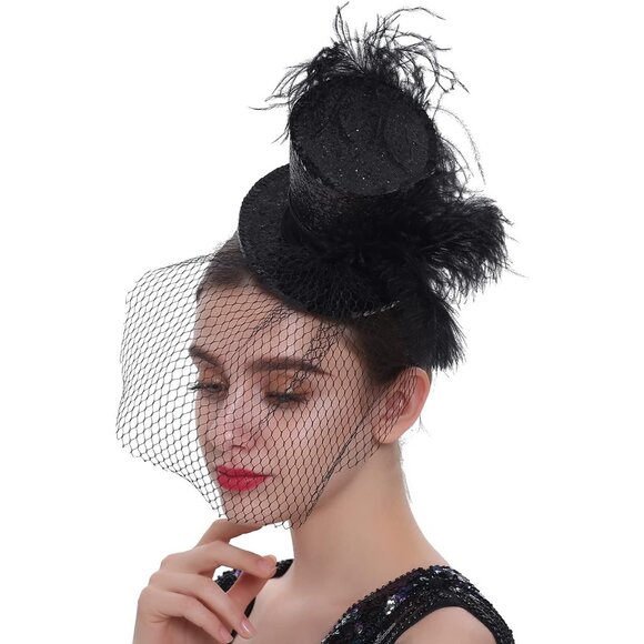 Mini Top Hat Headband Fascinator - Black-4 main image 5